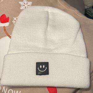Ivory Women’s Knit Beanie Hat. Toboggan. Black Smiley Face NWOT. BRAND NEW.